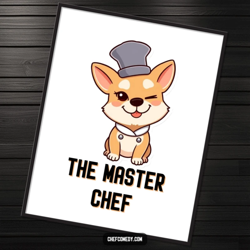 Funny Dog Chef Digital Art Print: A dog chef wearing a tall hat winks slyly, ready for printing.