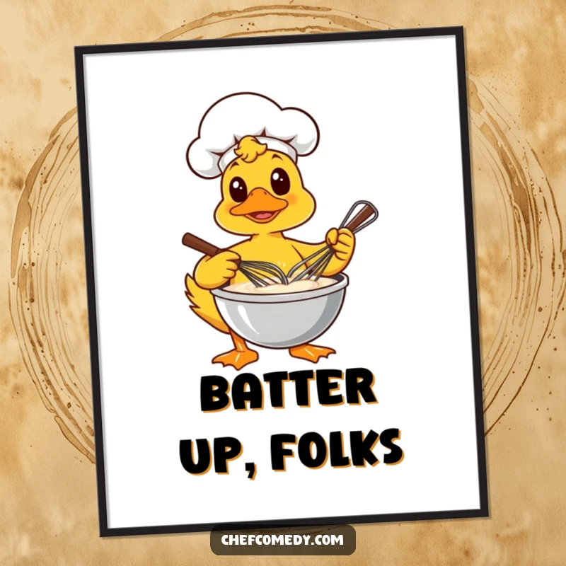 Funny digital art print of a focused duck chef energetically whisking a bowl of batter, perfect for charming decor.