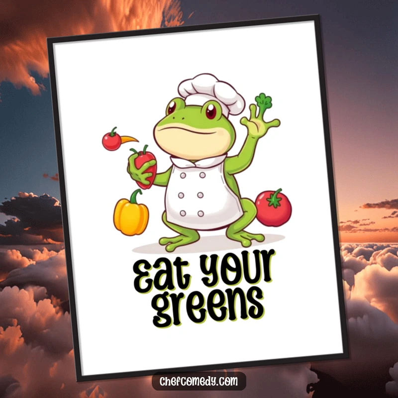 Funny frog chef character in a lively pose, juggling colorful vegetables, as a high-resolution digital art print.