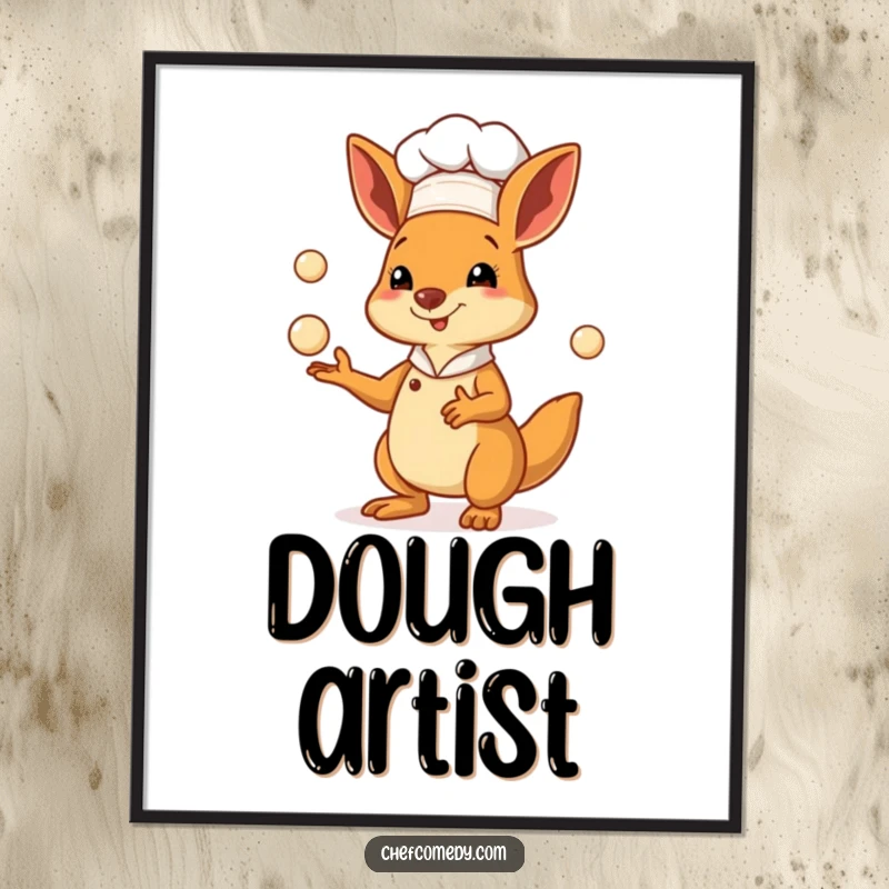 Funny kangaroo chef digital art print of a marsupial baker juggling pastry dough balls, perfect for instant decor.