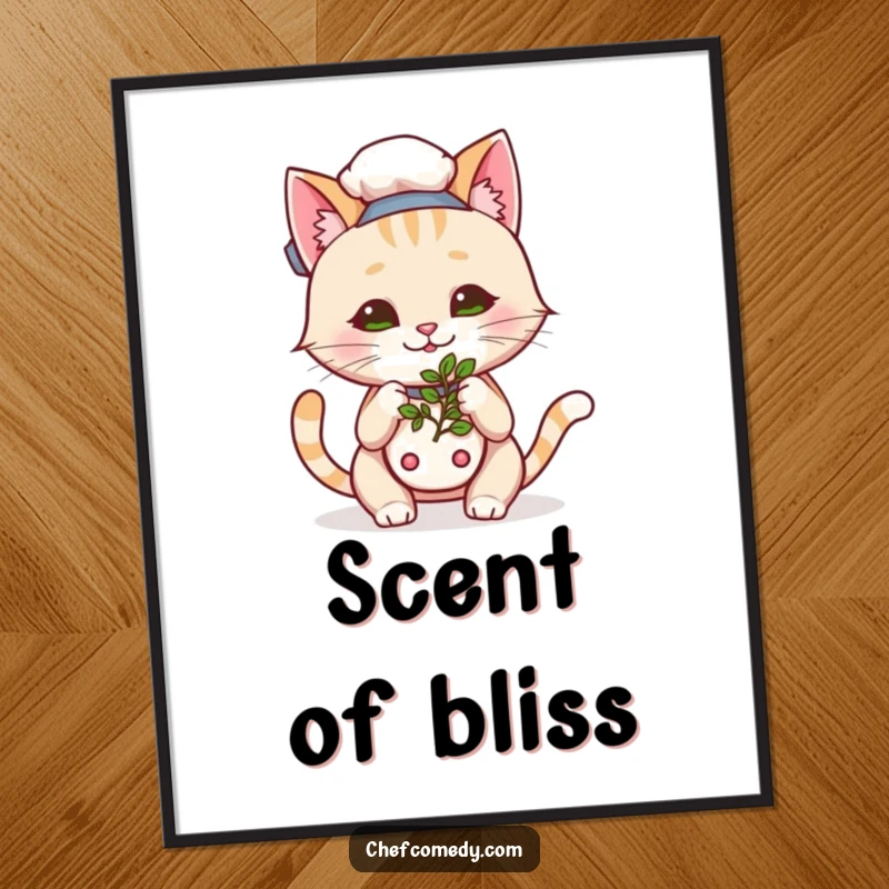 Funny Kawaii Cat Chef Digital Art Print, a playful cartoon cat appreciating aromatic herbs, charming and humorous wall decor.