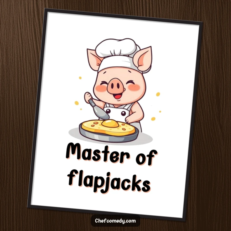 Funny kawaii pig chef digital art print, a happy pig intensely flipping a pancake with glee, ready for display.