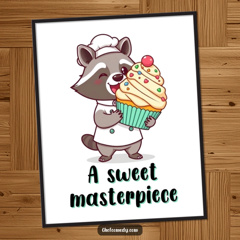 Funny kawaii raccoon chef digital art print, a proud raccoon presenting a giant decorated cupcake with a flourish, ready for display.