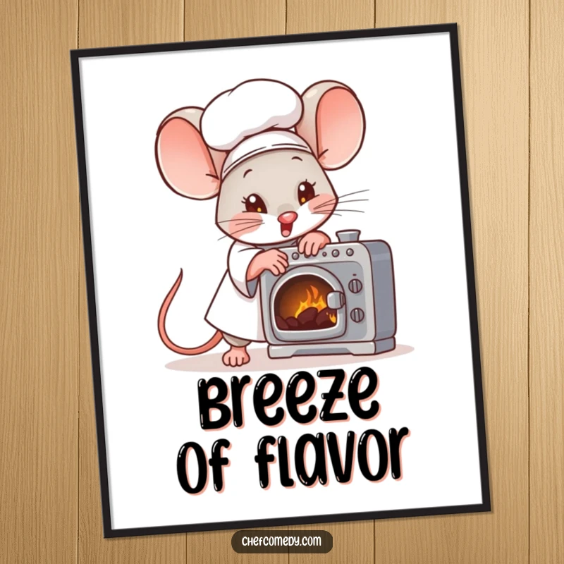 Funny mouse chef character fanning a tiny oven with great effort, high-resolution digital art print for instant decor.