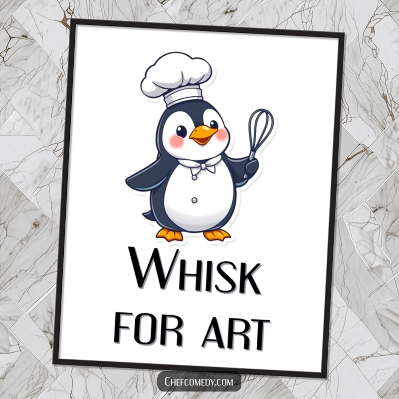 Funny penguin chef wearing a tall hat, holding a whisk, a humorous digital art print.