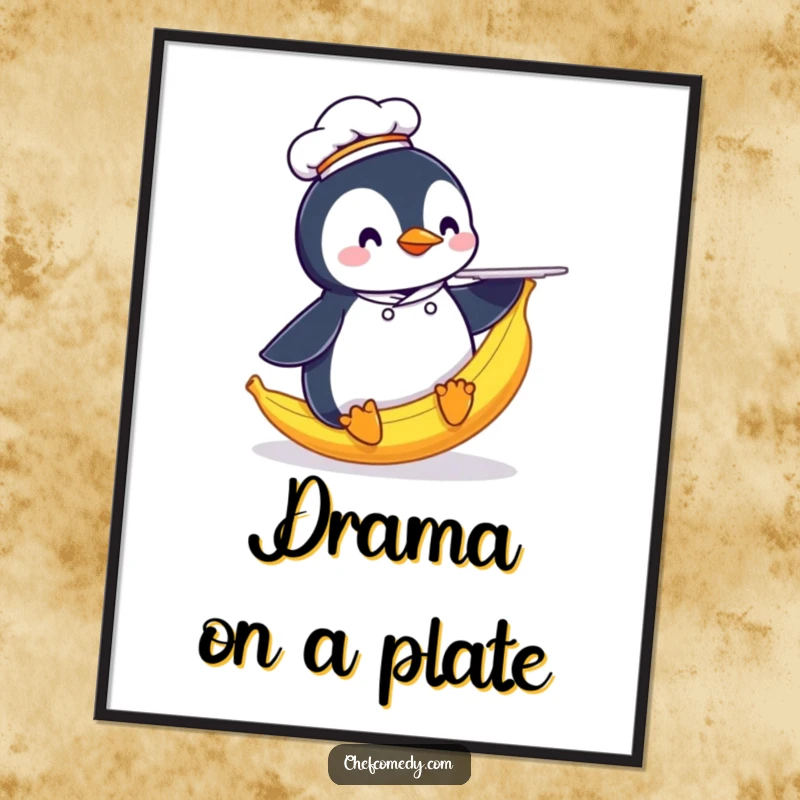 Funny Penguin Chef Digital Art Print: A humorous illustration of a penguin chef sliding on a banana peel with a plate.
