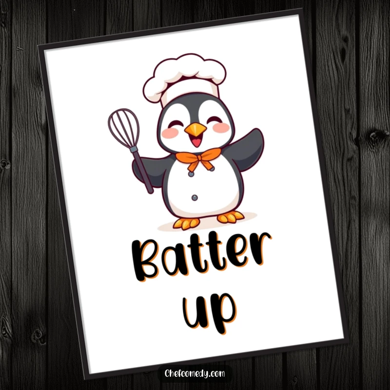 Funny digital art print of a cheerful penguin chef character holding a whisk, perfect for adding kitchen cheer.
