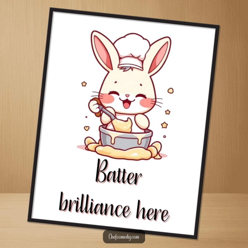 Funny digital art print of an energetic rabbit chef character enthusiastically mixing batter, offering a whimsical and humorous visual for decor.