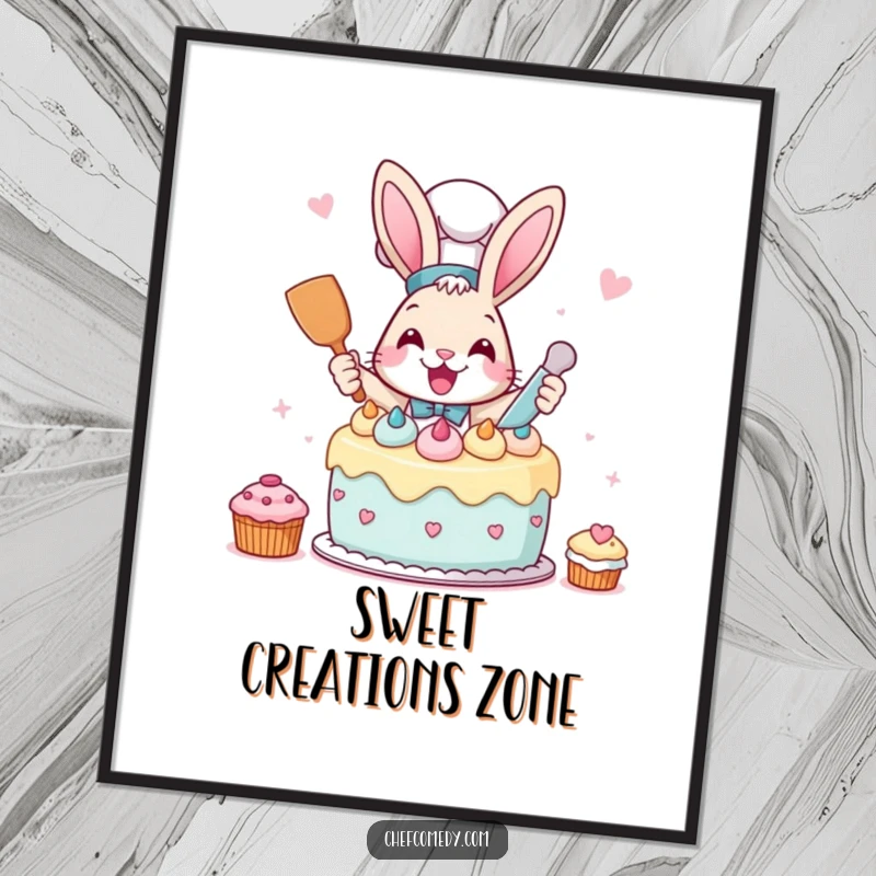 Funny Rabbit Chef Digital Art Print showing a rabbit chef frosting a cake, perfect for instant humorous decor.