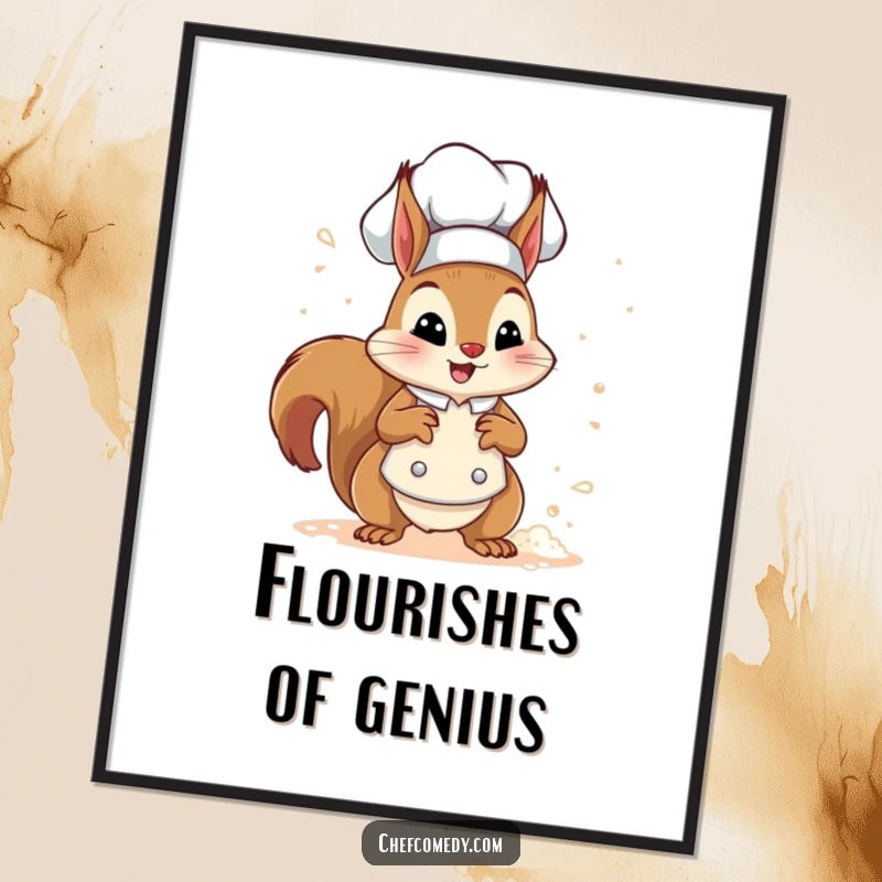 Downloadable funny squirrel chef art of a character sprinkling flour with a happy chest puff, ideal for instant wall decor.