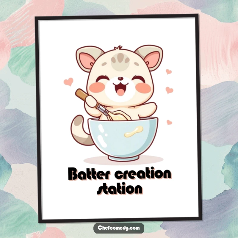 Funny kawaii animal digital art print, joyfully whisking batter in a bowl, celebrating the art of baking.
