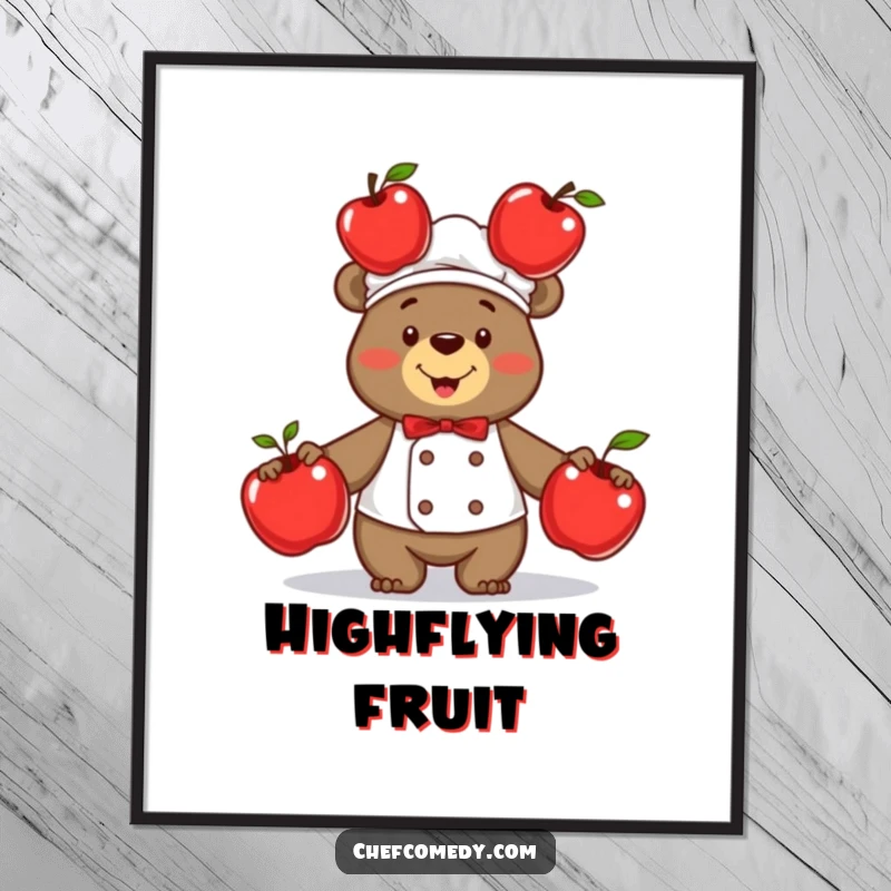 High-resolution funny bear chef art, gleefully juggling three shiny red apples, perfect for immediate digital or printed wall decor.