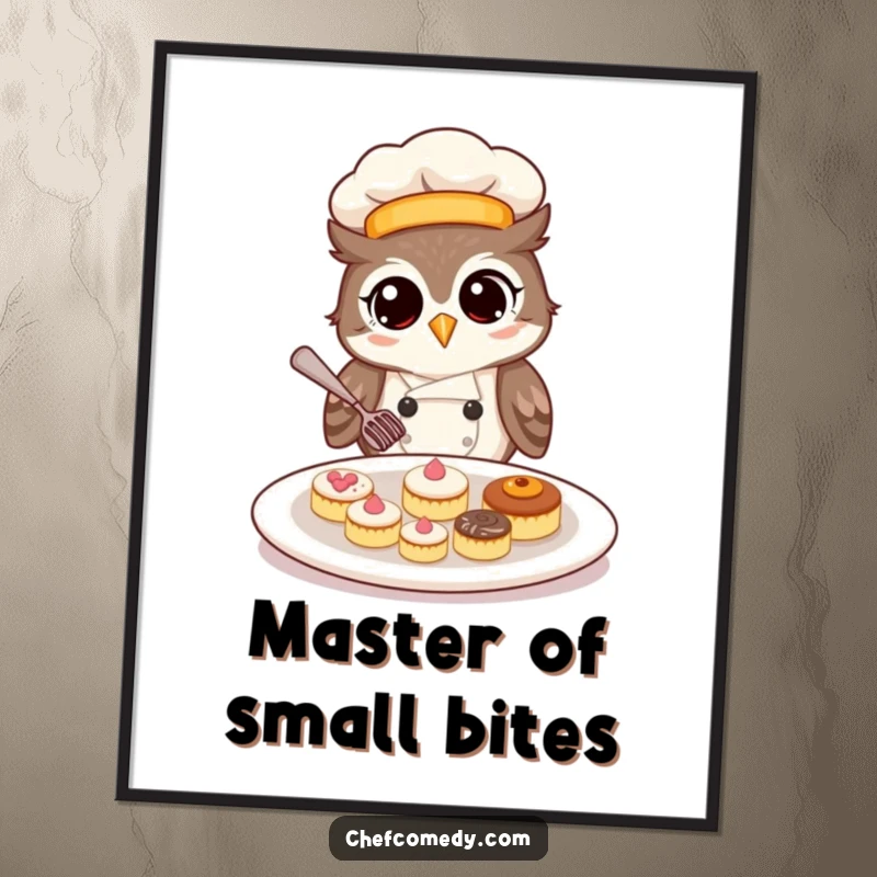 High-resolution digital art of a funny owl chef meticulously arranging tiny pastries, ready for immediate printing.