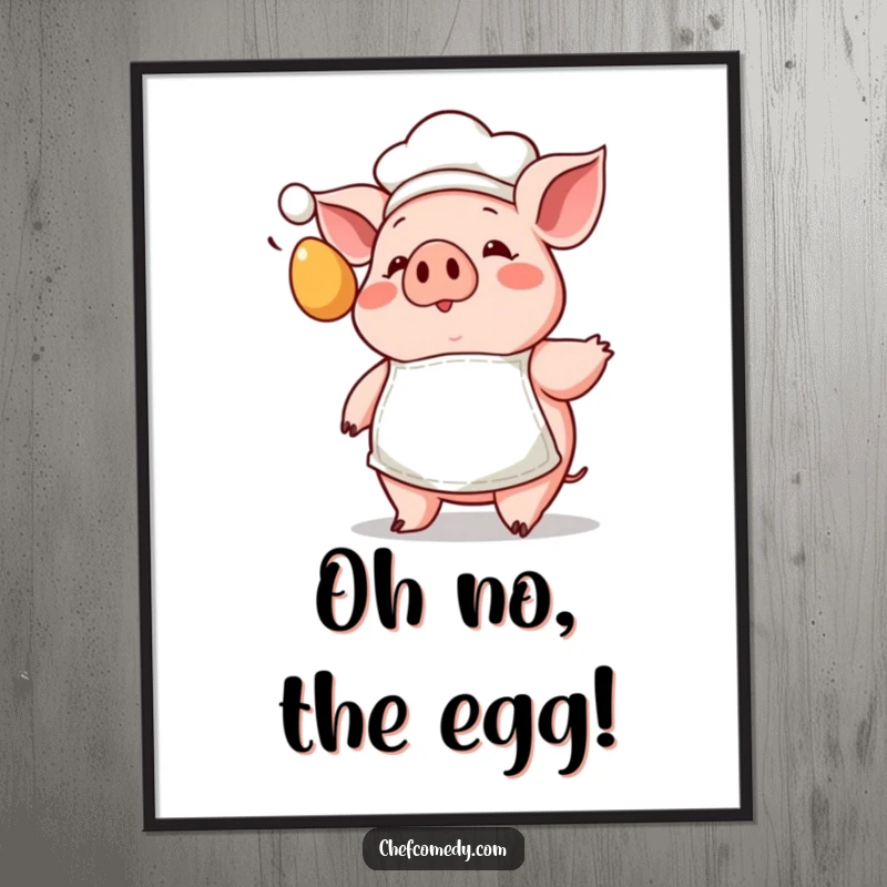 Funny Kawaii Pig Chef Digital Art Print with a tiny apron, showing a surprised pig reacting to a flying egg, for decor.