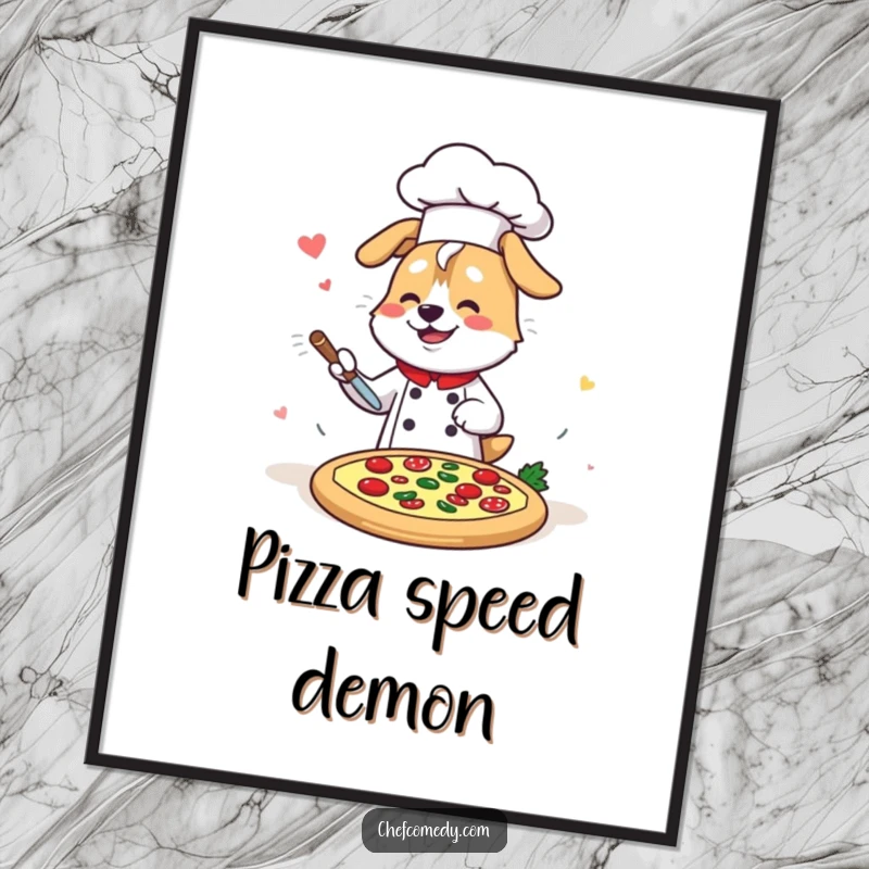 Funny Kawaii Dog Chef Digital Art Print, a fast-working cartoon dog artist creating delicious pizzas, vibrant and humorous decor.