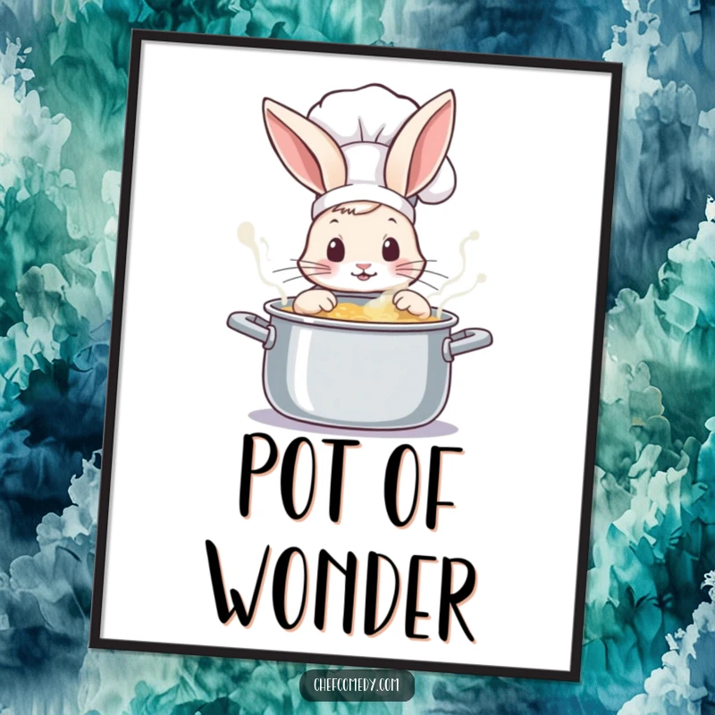 High-resolution funny rabbit chef art, peeking with wonder into a steaming, bubbling pot, perfect for instant whimsical decor.