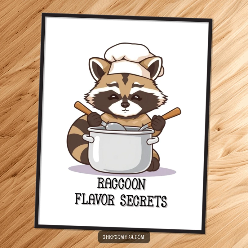 High-resolution digital art of a funny raccoon chef stirring a pot with a wooden spoon, ready for printing.