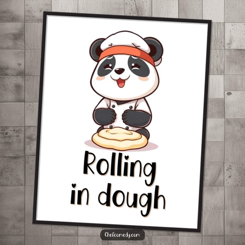 Funny panda chef character enthusiastically kneading dough with both paws, high-resolution digital art print for instant decor.