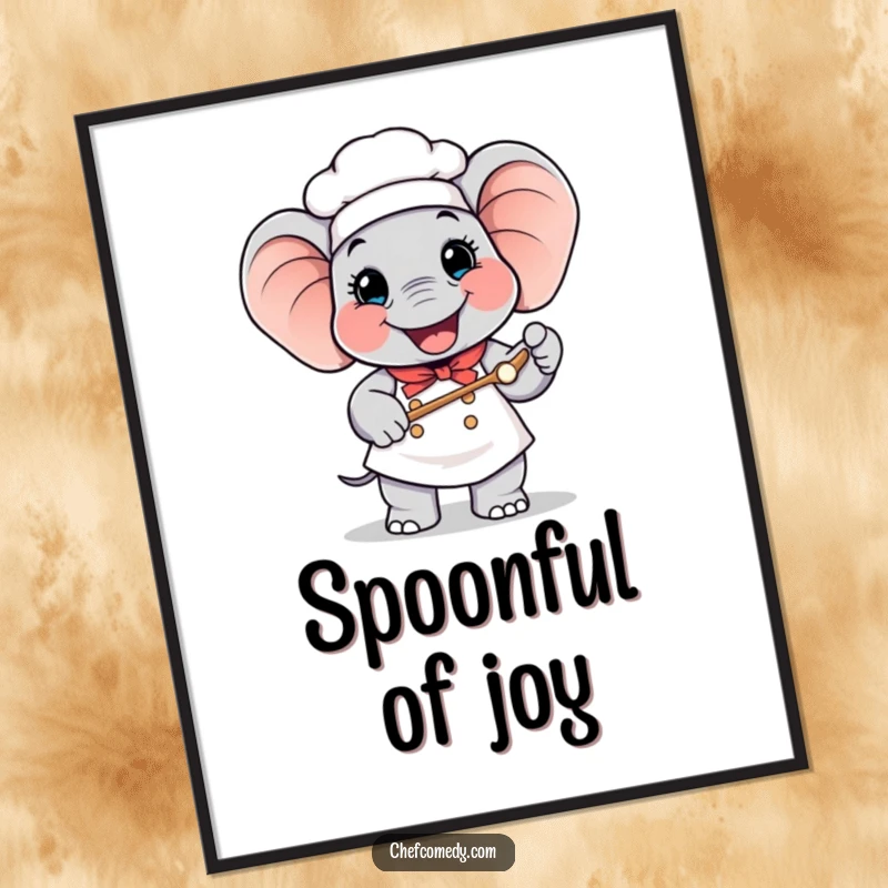 Funny Elephant Chef Digital Art Print: Happy elephant chef holding a giant spoon, a cheerful and humorous downloadable artwork.