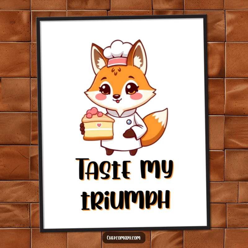 Funny digital art print of a proud fox chef character presenting a slice of cake, offering an elegant and humorous visual for decor.
