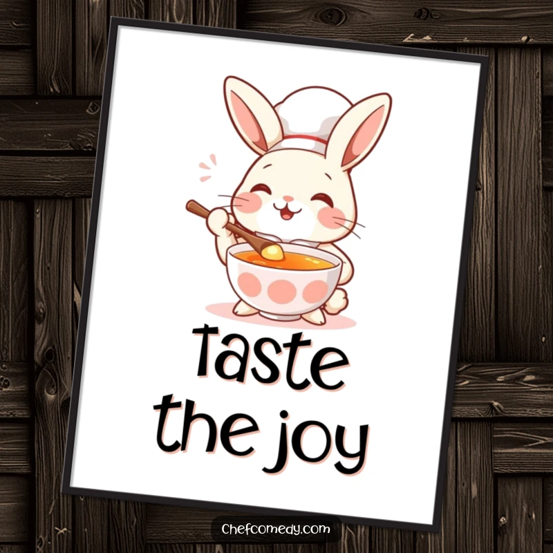 Funny rabbit chef tasting soup with a spoon, eyes closed in delight, a humorous digital art print.