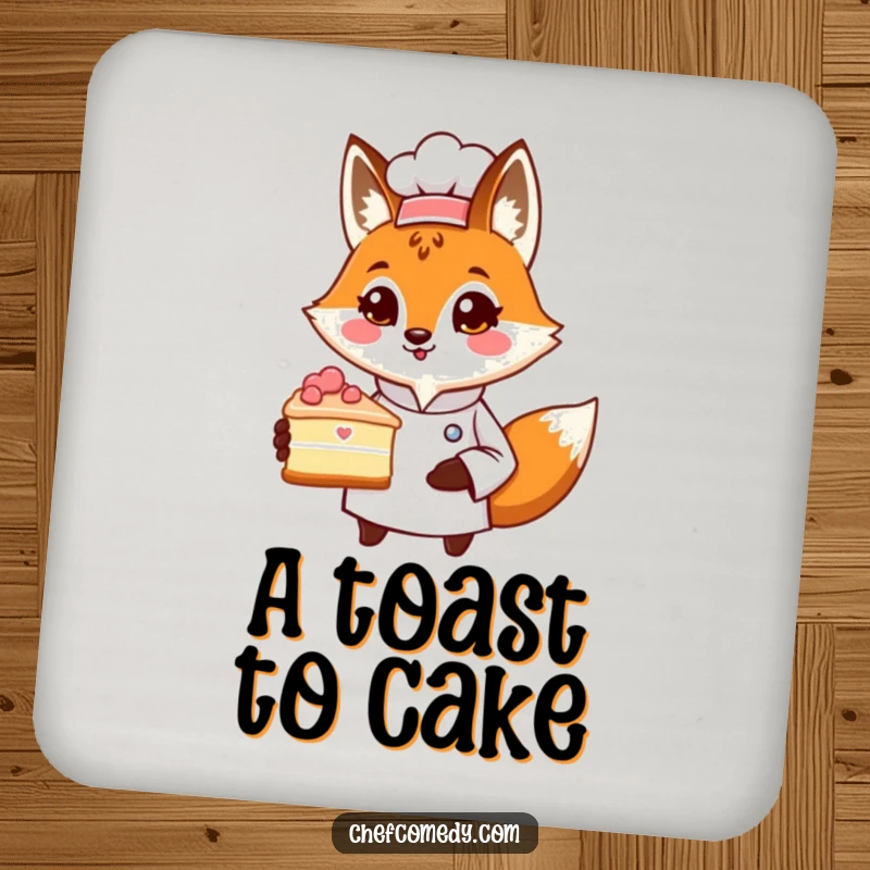 Funny drink coaster with a proud fox chef character presenting a slice of cake, protecting surfaces with an elegant and humorous design.