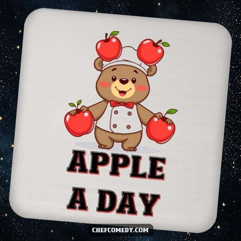 Funny bear chef in mid-juggle with three shiny red apples, a humorous drink coaster to protect surfaces with style.