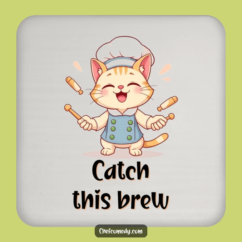 Funny Cat Chef Coasters: Protect Surfaces with Giggling Cat Juggler Art