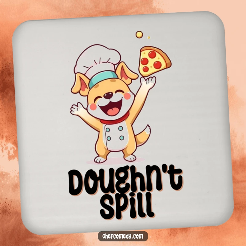 Funny dog chef tossing pizza dough high in the air, a humorous coaster to protect surfaces with style and personality.
