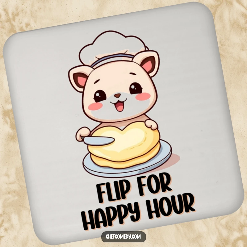 Funny kawaii animal drink coaster, dressed as a chef, happily flipping a heart-shaped pancake, adding charm to any surface.