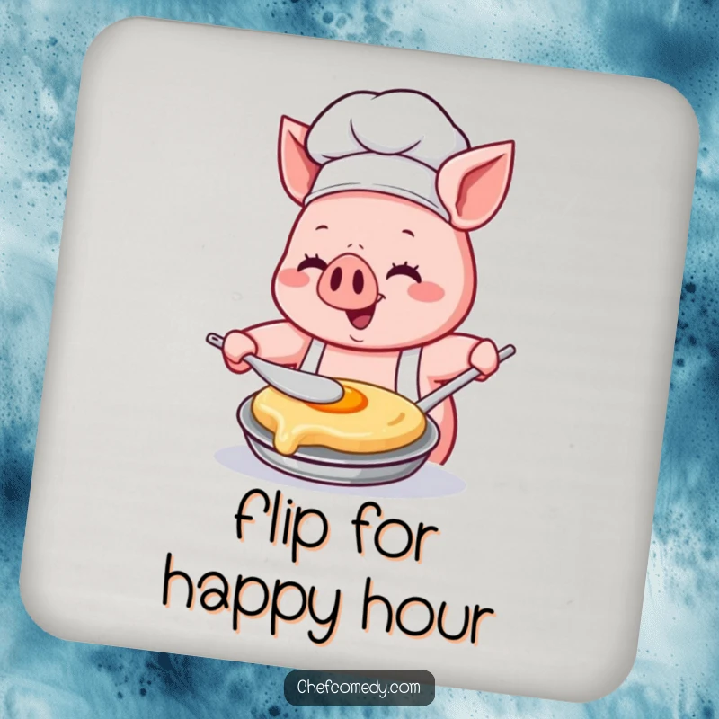 Funny Kawaii pig chef drink coaster, depicting a pig chef happily flipping a pancake with immense concentration, adding culinary humor.