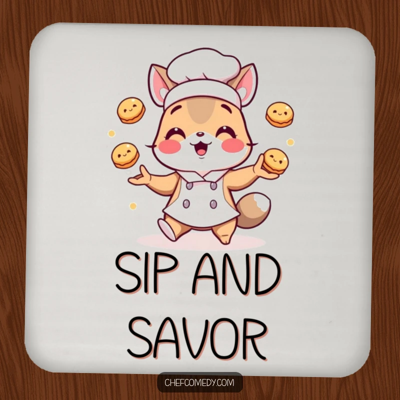 Funny coaster: A chef animal juggles small round pastries, adding humorous protection to your surfaces.