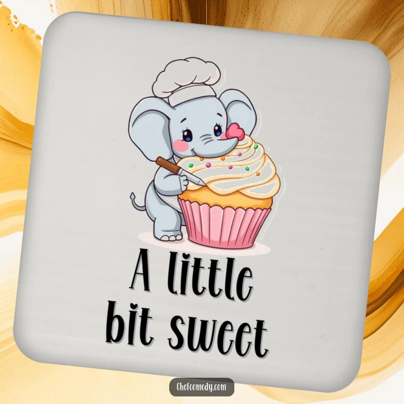 Funny drink coaster featuring a meticulous elephant chef carefully decorating a giant cupcake, perfect for protecting surfaces.