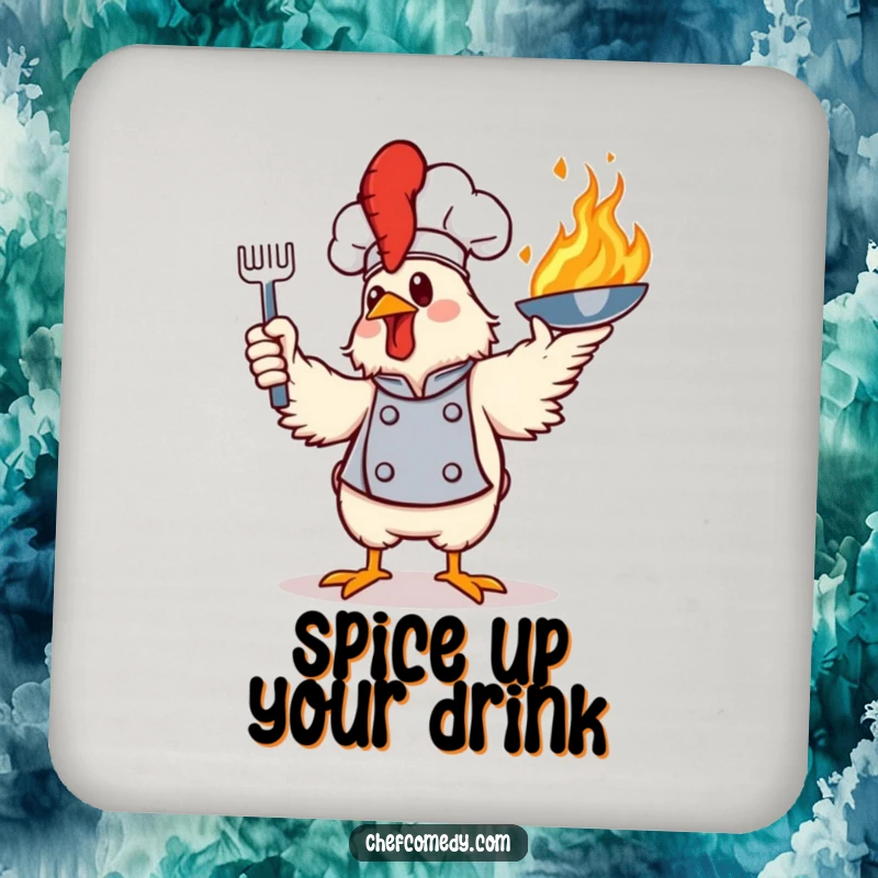 Funny drink coaster featuring a daring chicken chef flamboyantly tossing a flaming frying pan, perfect for protecting surfaces.