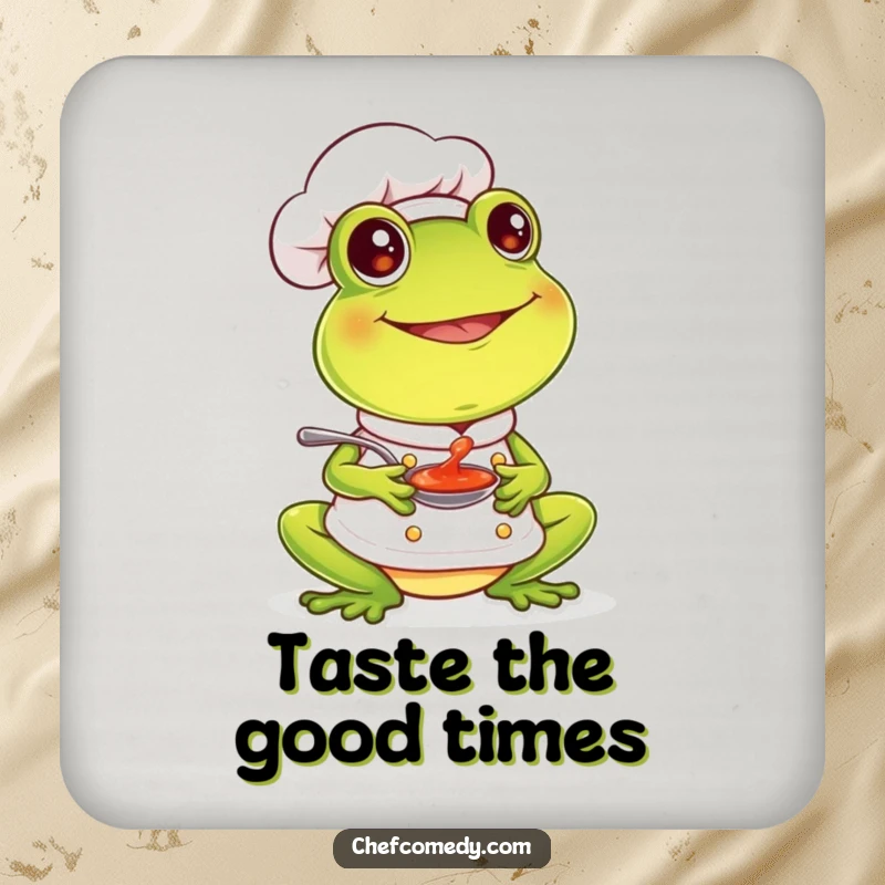 Funny frog chef character tasting sauce with a smile, protecting surfaces with these humorous and functional drink coasters.