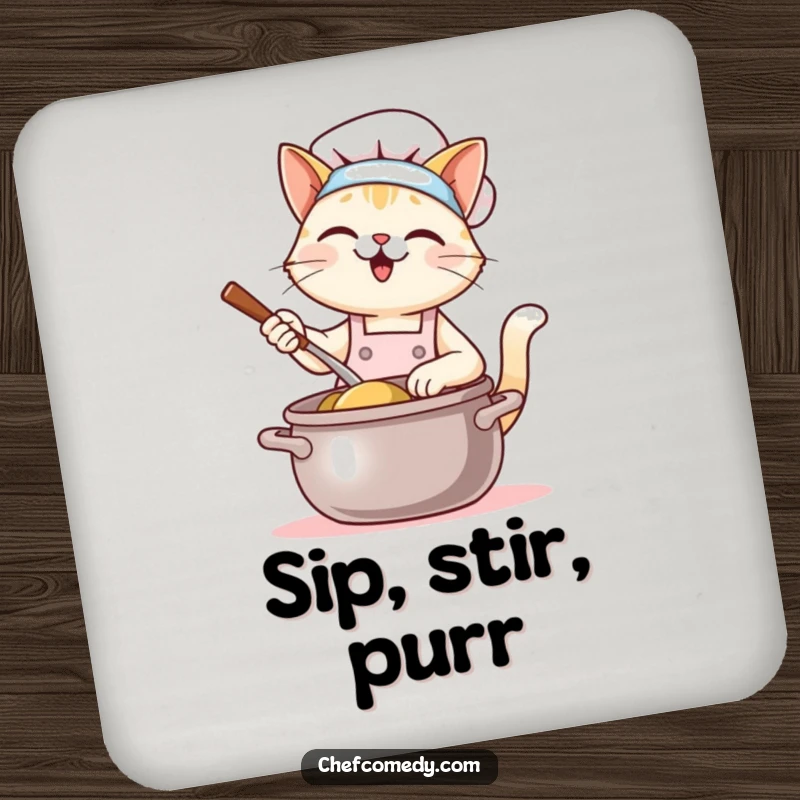 Funny Kawaii Cat Chef Coaster: A cute cat chef happily stirs a giant pot. Protects surfaces with adorable and culinary humor.