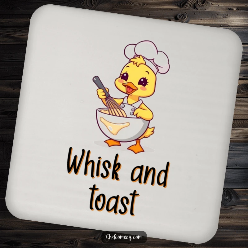 Funny Kawaii Duck Chef Whisking Coaster, a cute cartoon duck whisking batter, functional and humorous table protection.