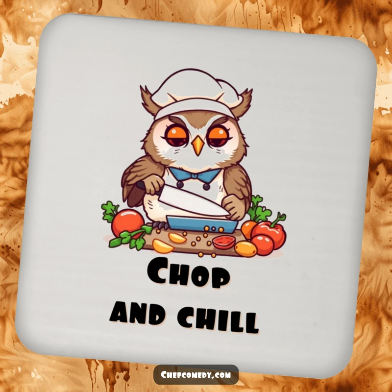 Funny Kawaii Owl Chef Chopping Coaster, a cute cartoon owl precisely chopping vegetables, functional and humorous table protection.