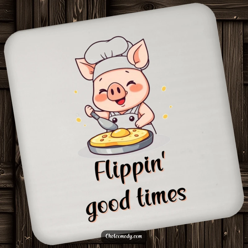 Funny kawaii pig chef drink coaster, a happy pig concentrating on flipping a pancake with glee, protecting surfaces.