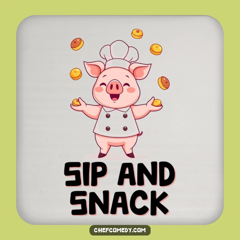 Funny Kawaii Pig Chef Drink Coaster: Pastry Juggling Decor for Foodies
