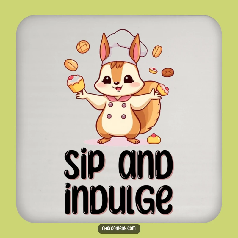 Funny Kawaii Squirrel Chef Drink Coaster: Protect Surfaces with Hilarious Pastry Art