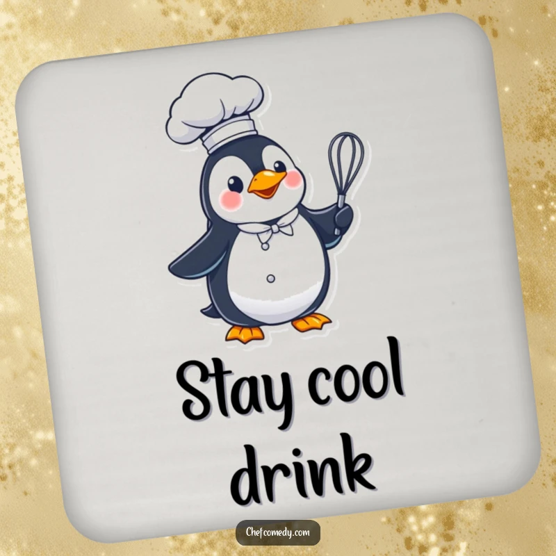 Funny penguin chef in a tall hat, holding a whisk, a humorous and functional drink coaster.