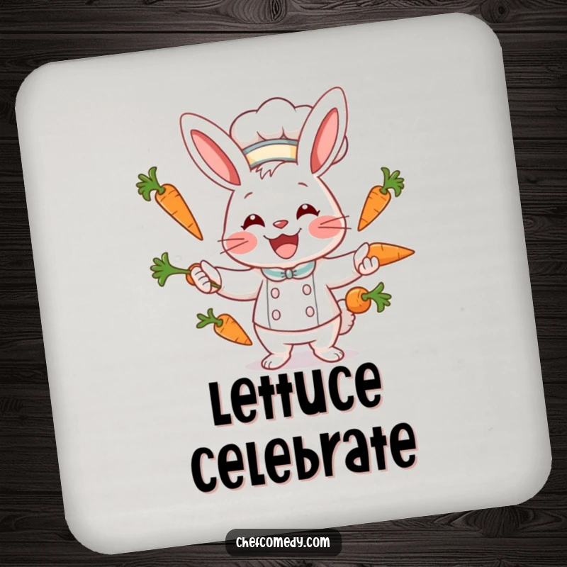 Funny rabbit chef character juggling carrots with a wide smile on a protective drink coaster, for home bars.