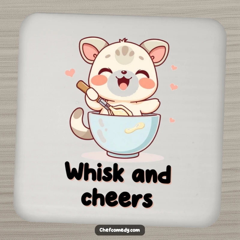 Funny kawaii animal drink coaster, joyfully whisking batter in a bowl, adding baking charm to any surface.