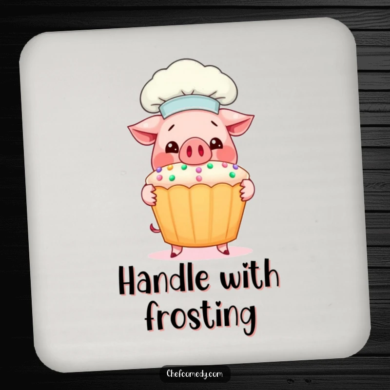 Funny Pig Chef Coasters: A happy pig chef shows off a large, decorated cupcake, adding humor to drink service.