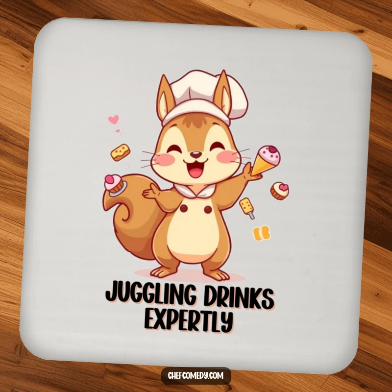 Funny Kawaii Squirrel Chef Drink Coaster: A squirrel chef juggling pastries, protecting surfaces with playful and humorous charm.