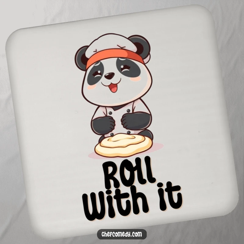 Funny panda chef character enthusiastically kneading dough with both paws on a protective drink coaster, for home bars.