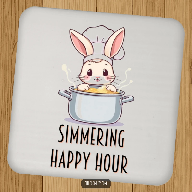 Curious rabbit chef peeking into a bubbling pot, a charming coaster to protect surfaces with whimsical style.