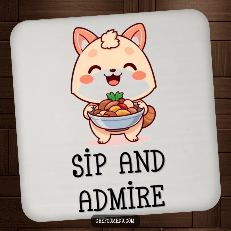 Funny kawaii animal drink coaster, with a proud smile, presenting a delicious dish it has prepared.