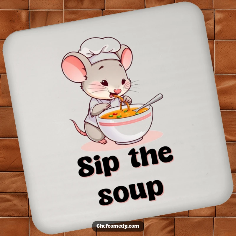 Funny drink coasters featuring a mouse chef character curiously tasting soup, offering protection with culinary charm.